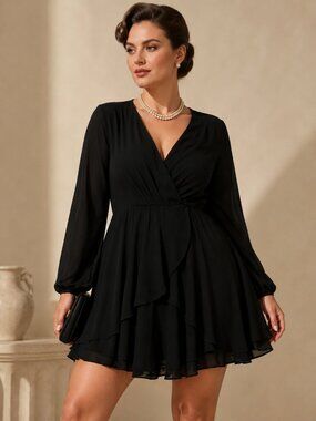 Black Chiffon Wrap Mini Dress Plus Size 2X Romantic Classic Long Sleeve